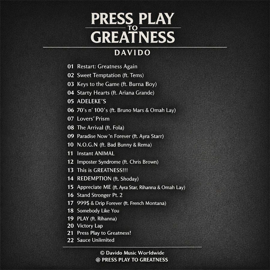 Davido Press Play to Greatness Album Tracklist